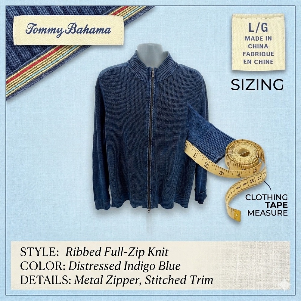 Tommy Bahama‎ Men's Large Ribbed Full-Zip Knit Sweater Indigo Blue Mock Neck